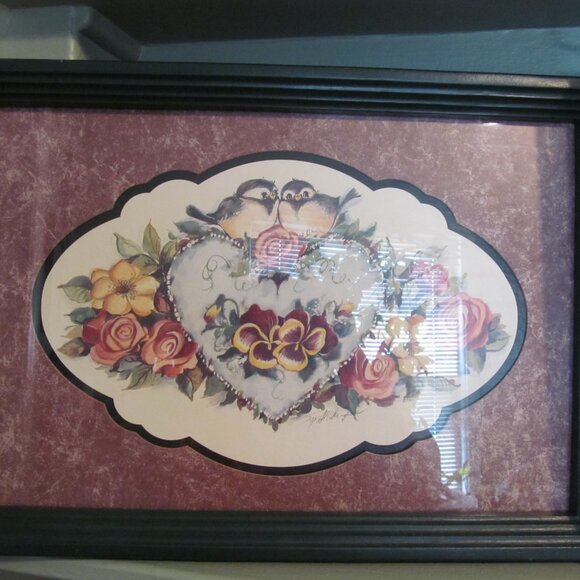 Vtg Home Interiors Joy Alldredge Picture - Chickadees, Heart, Flowers 19 x 13 - Picture 3 of 15